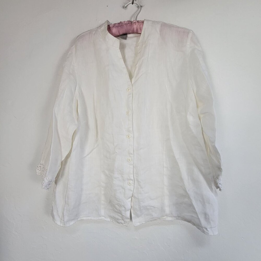 Deane and White Womens 1X Linen Button-Up Blouse Top 3/4 Sleeve W/ Lace Cuffs